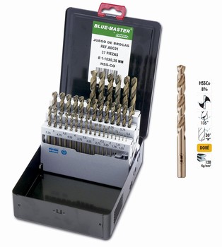 Coffret métallique 37 forets HSS-Co 8 % 1-10 mm par 0,25 mm - 120 kg-mm²