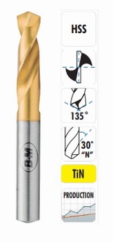 Foret métal HSS TIN 135° 30°N extra-court – acier 70kg-mm²