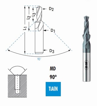 Foret bi-diamtraux extra-courts carbure TIALN 90 - Perage pour taraudage