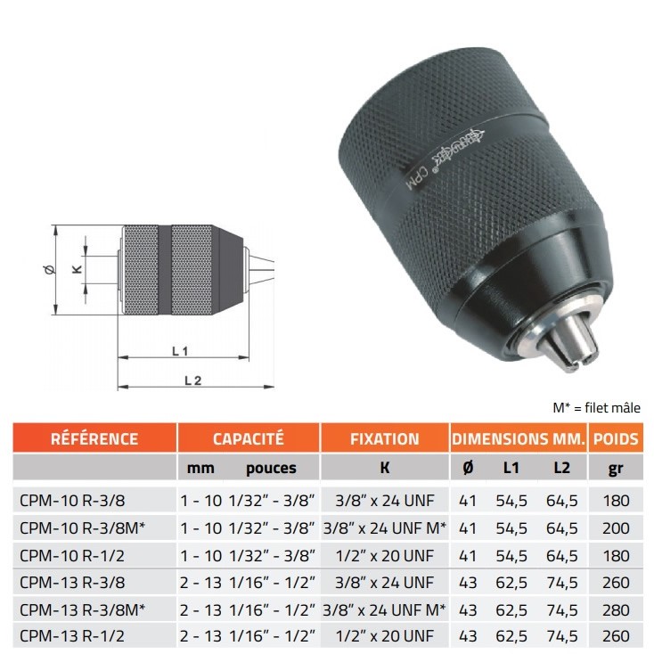 mandrin autoserrant 13mm filet.1/2'-20 métal - perçage