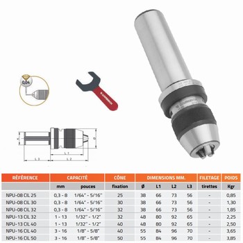 Mandrin de perage de prcision auto-serrant monobloc queue cylindrique + cl NPU