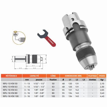 Mandrin de perage de prcision auto-serrant monobloc DIN-69893-A (HSK) + cl NPU