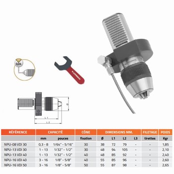 Mandrin de perage de prcision auto-serrant monobloc DIN-69880-VDI (VDI) + cl NPU