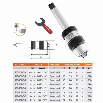 Mandrin de perage de prcision auto-serrant + queue cne morse intgre et cl SPS-SOLID