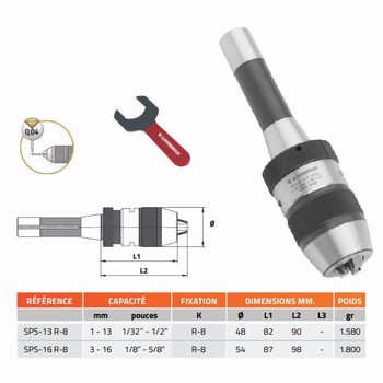 Mandrin de perage de prcision auto-serrant + queue R8 intgre et cl SPS-SOLID