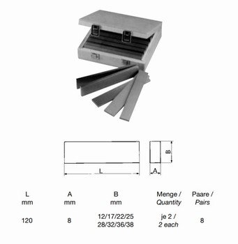 Jeu de 16 cales de fraisage  200x8 mm  Hauteurs: 17, 22, 26, 28, 32, 36, 38, 42  mm