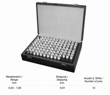 Coffret de 51 piges de contrôle à tête – 0,50 à 1,00 mm classe 2