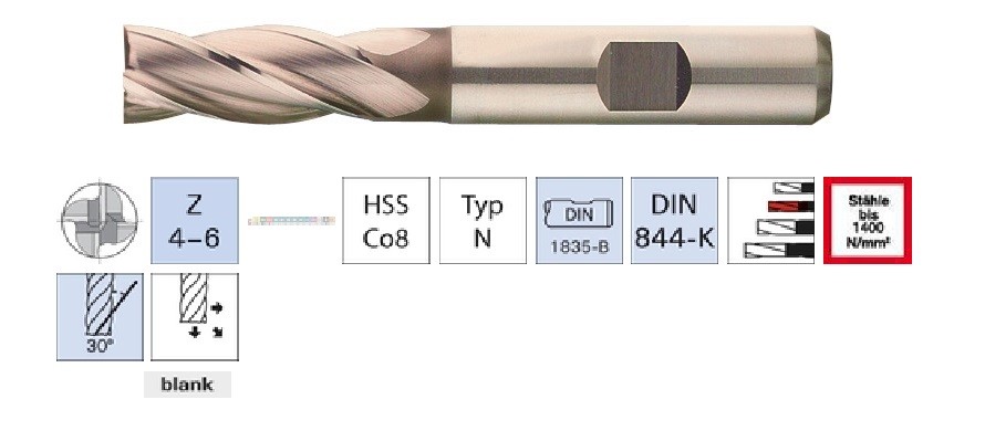 Fraise 4-6 dents HSS Cobalt 8% 30° - Usinage acier 1400 N-mm