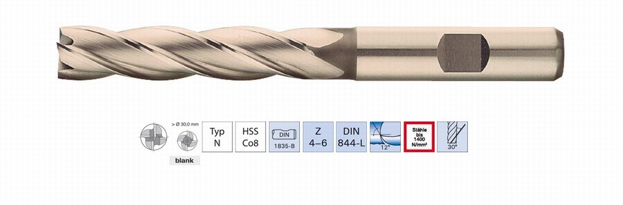 Fraise 4-6 dents HSS Cobalt 8% 30° - Usinage acier 1400 N-mm