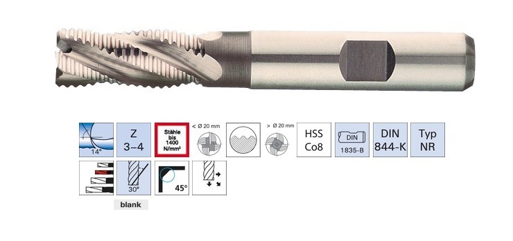 Fraise 4-6 dents HSS Cobalt 8% 30° - Usinage acier 1400 N-mm