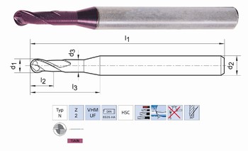 Fraise hmisphrique 2 dents carbure monobloc TIALN 30 - Usinage dur 55 HRC  - DIA 0.4  6 mm