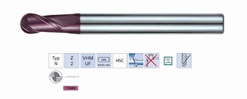 Fraise hmisphrique 2 dents carbure monobloc TIALN 30 - Usinage dur 60 HRC  DIA 1  20 mm